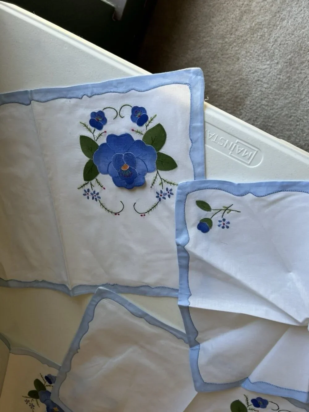 5 Vintage Madeira Applique Placemats w Matching Napkins Cotton NOS Blue White